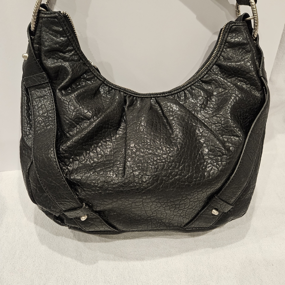 Jessica Simpson Purse Black Pebbled Hobo Shoulder Bag Emboidered Bottom